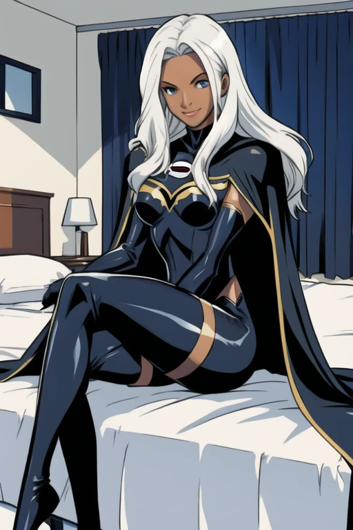 X men, 1girl, solo, cape, long cape, thigh highs boots, gloves, Ororo, bodysuit, strapless, white hair, black superhero suit, long hair, sitting, bedroom, smile