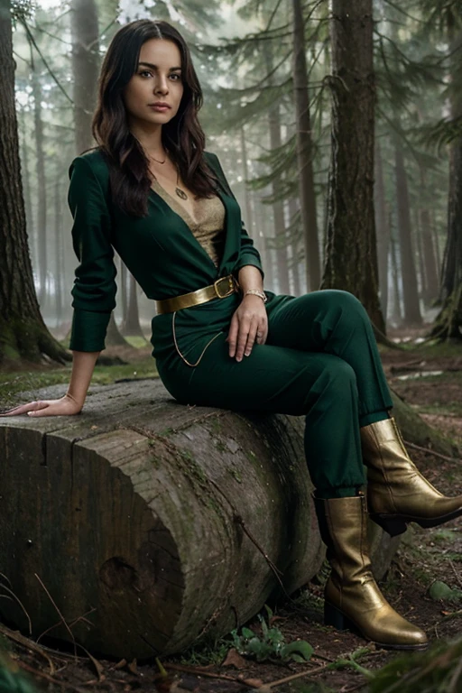 Cassandra Nightingale,Catherine Bell, Teen Wolf, Elegant woman, 40 years old, pediatrician, slim build, Long messy black hair, Black eyes, dark green dress with green dress pants, green boots, Necklace with gold pendant Wolf in a forest golden background with fog