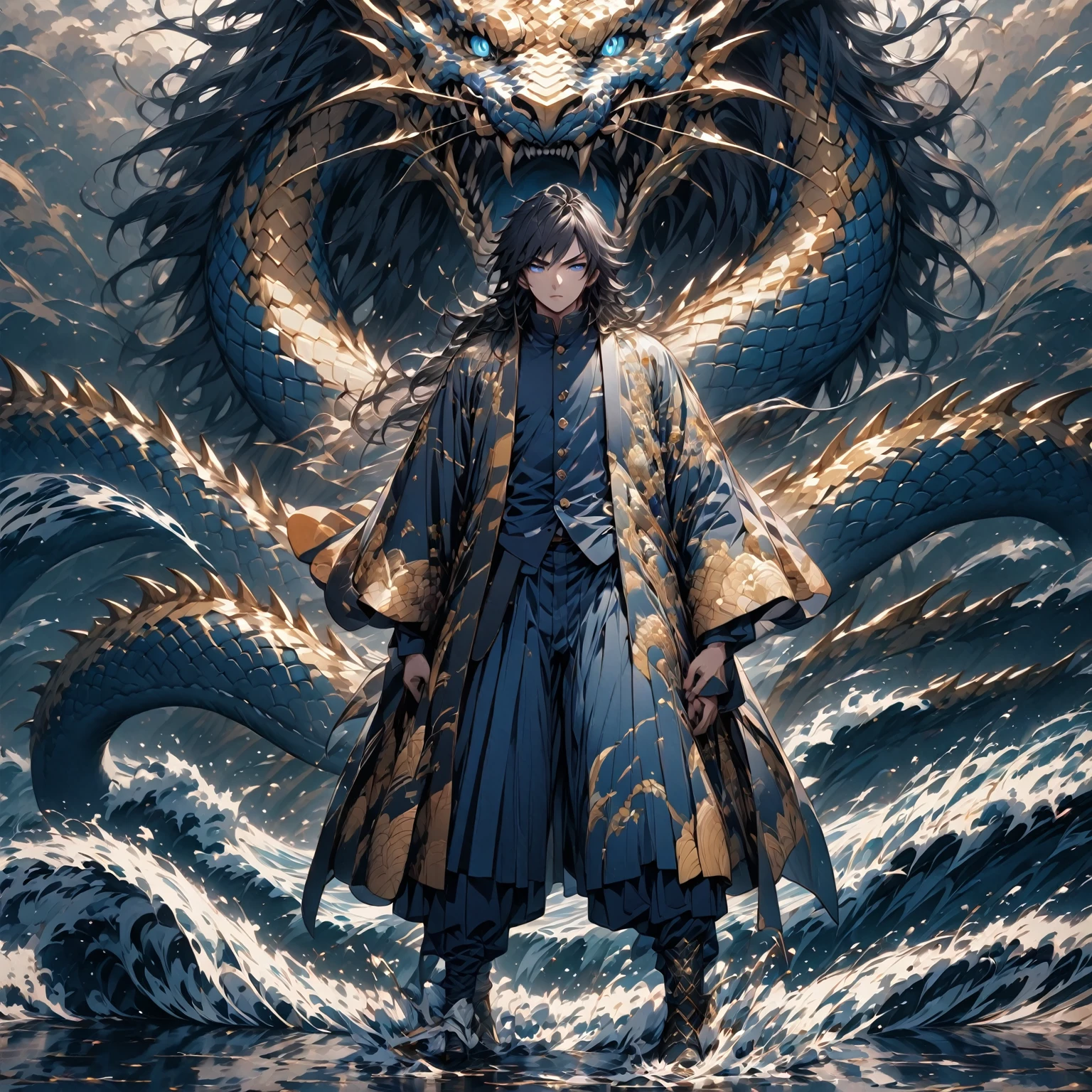 highy detailed, digital art, Tomioka Giyu, standing in a dramatic pose, with his piercing blue eyes (fringed with thick eyelashes) gleaming with determination, his short, spiky black hair styled in a messy, layered fashion, his distinctive gakuran jacket (with intricate embroidery and a high collar) unbuttoned to reveal a crisp white shirt underneath, his dark blue pants adorned with thin white stripes, his haori (a traditional Japanese cloak) draped over his shoulders, featuring an elaborate design of interconnected circles and waves in shades of blue and gold, his black boots polished to a high shine, water splashing everywhere around him in the form of a dragon (with scales shimmering like diamonds) as he stands victorious after defeating a powerful demon, the dragon's tail wrapping around his ankles as it dissolves into mist.