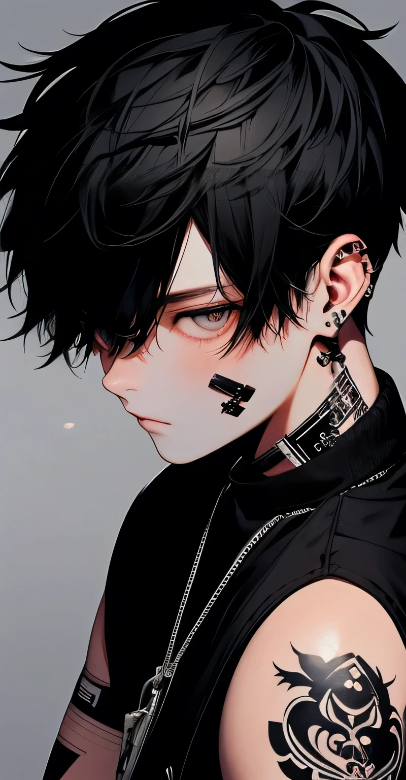 black short hair，Black eye，1 cool boy，tattoos