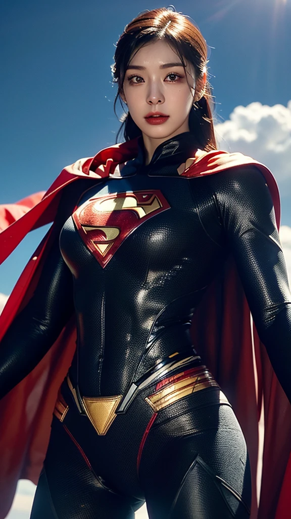 Woman wearing detailed SuperMan costume with full sleeves covering the entire body, short black hair, serious face, (flying in sky), vivid colors, dramatic lighting, red cape, cinematic costume, carbon fiber detailed suit,