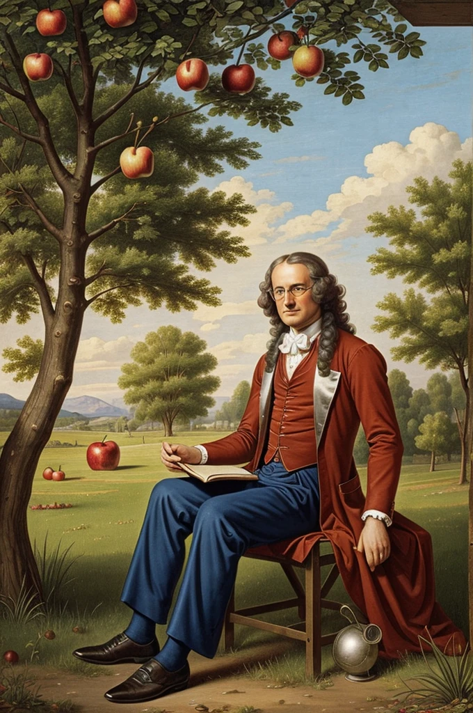 Issac Newton sitting under a apple tree and an apple hits his head. This scene is in the background, and in front of it there is a young lad with formal outfit, red court and trousers , glasses and a blue bow tie. He looks very smart, there is a cute female robot with him. The lad is far away from him and this picture and the robot has human skin and she is wearing human cloths. This is a book cover. Issac newton is far behind the lad