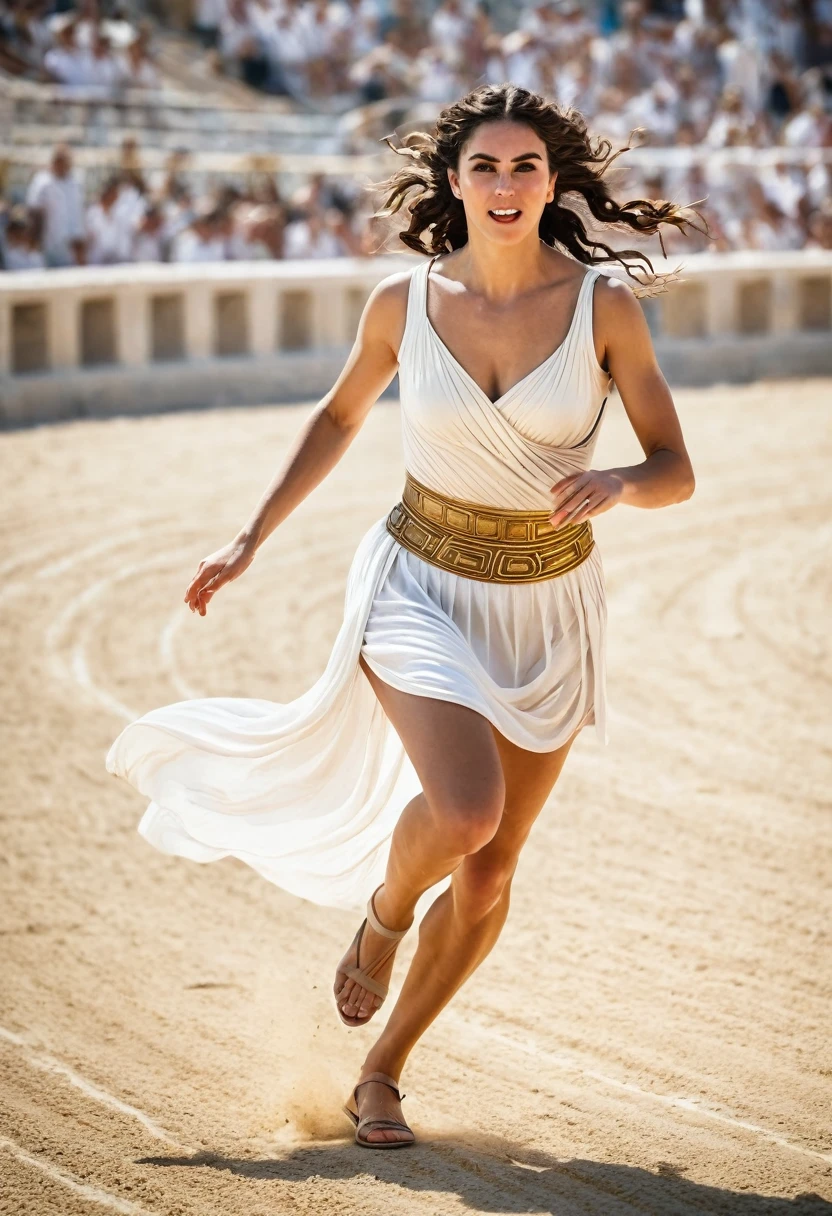 Beautiful ancient Greek lady running in a arena during the Greek Olympic race, wearing a white short  ancient roman styled skirt slit on one side, deep cleavage 