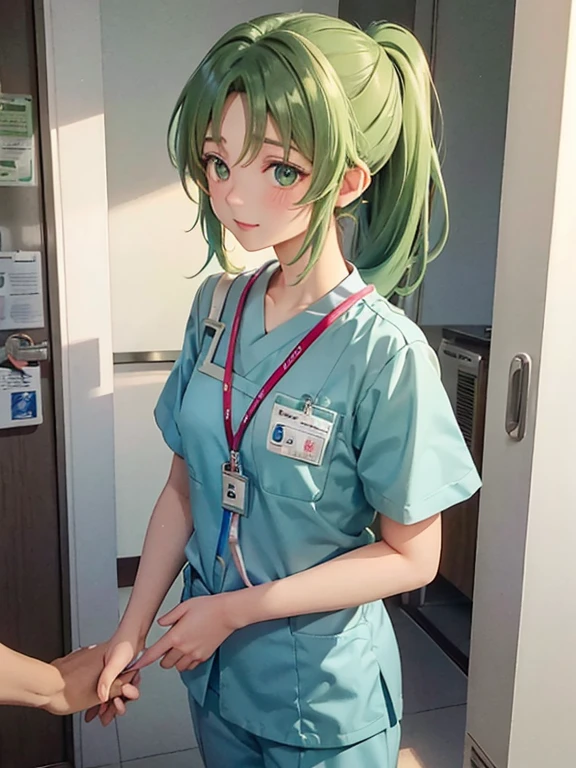girl, alone, Mion Sonozaki, green eyes, ponytail,, ponytail, Medical scrub、Light Blue Club、Female nurse、Hold in hand、Short sleeve、Long trousers, (ID card)、strap、Hospital corridor、Warm lighting、sense of cleanliness