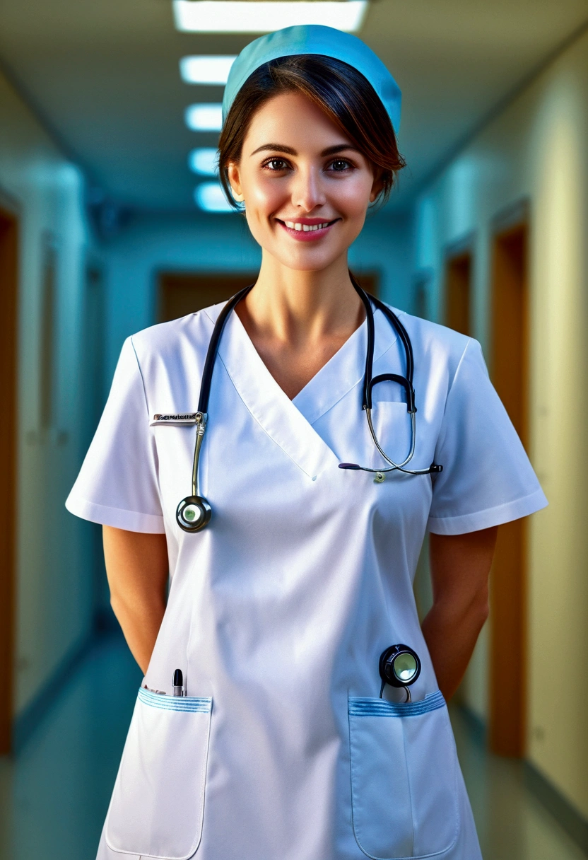 (nurse), stand in the ward with a warm smile and eyes full of care and encouragement. She seems to be a warm light for the patient. The background is the warm ward, full body, award-winning, cinematic still, emotional, vignette, dynamic, vivid, (masterpiece, best quality, photorealistic, Professional, perfect composition, very aesthetic, absurdres, ultra-detailed, intricate details:1.3)