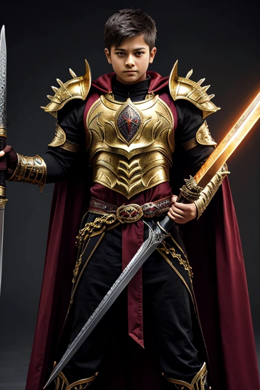 Evil tyrant conqueror ruler shota with an imposing presence. His half-naked armor that show his upper body, forged from obsidian and gold, cling to his sinewy frame. Golden spiky cauldron, Red gemstones embedded to his chest. His cape, crimson as spilled blood, billows behind him—a dark banner of conquest. Holding an evil enchanted magic sword.
