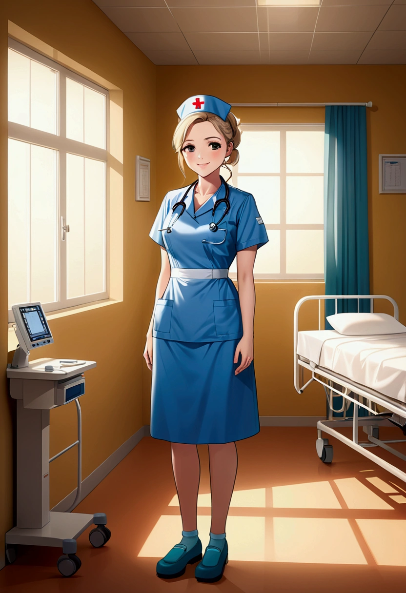 (nurse), stand in the ward with a warm smile and eyes full of care and encouragement. She seems to be a warm light for the patient. The background is the warm ward, full body, award-winning, cinematic still, emotional, vignette, dynamic, vivid, (masterpiece, best quality, photorealistic, Professional, perfect composition, very aesthetic, absurdres, ultra-detailed, intricate details:1.3)