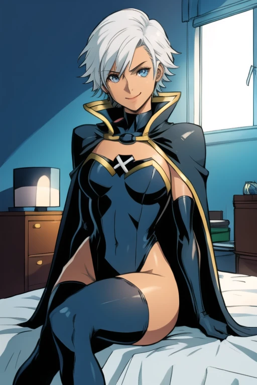 X men, 1girl, solo, cape, long cape, thigh highs, gloves, Ororo, bodysuit, strapless, white hair, black superhero suit, short hair, sitting, bedroom, smile