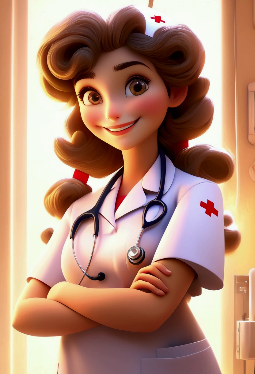 (nurse), stand in the ward with a warm smile and eyes full of care and encouragement. She seems to be a warm light for the patient. The background is the warm ward, full body, award-winning, cinematic still, emotional, vignette, dynamic, vivid, (masterpiece, best quality, photorealistic, Professional, perfect composition, very aesthetic, absurdres, ultra-detailed, intricate details:1.3)