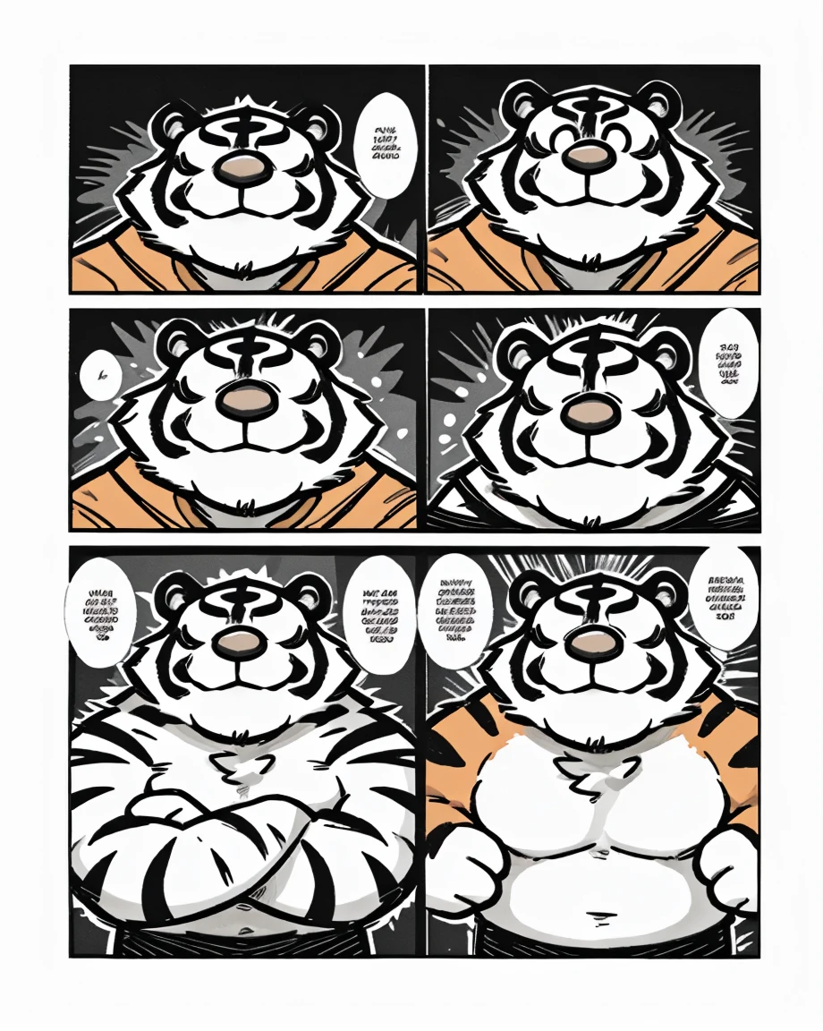 tiger face,Cute face,Humanity(tiger), (without shoes) , Chubby, muscular character, (white eyebrows:1.1),(perfect black eyes), simple background, print style。(Artist:Takemoto Arashi ), (((comic page, black and white, less page)))