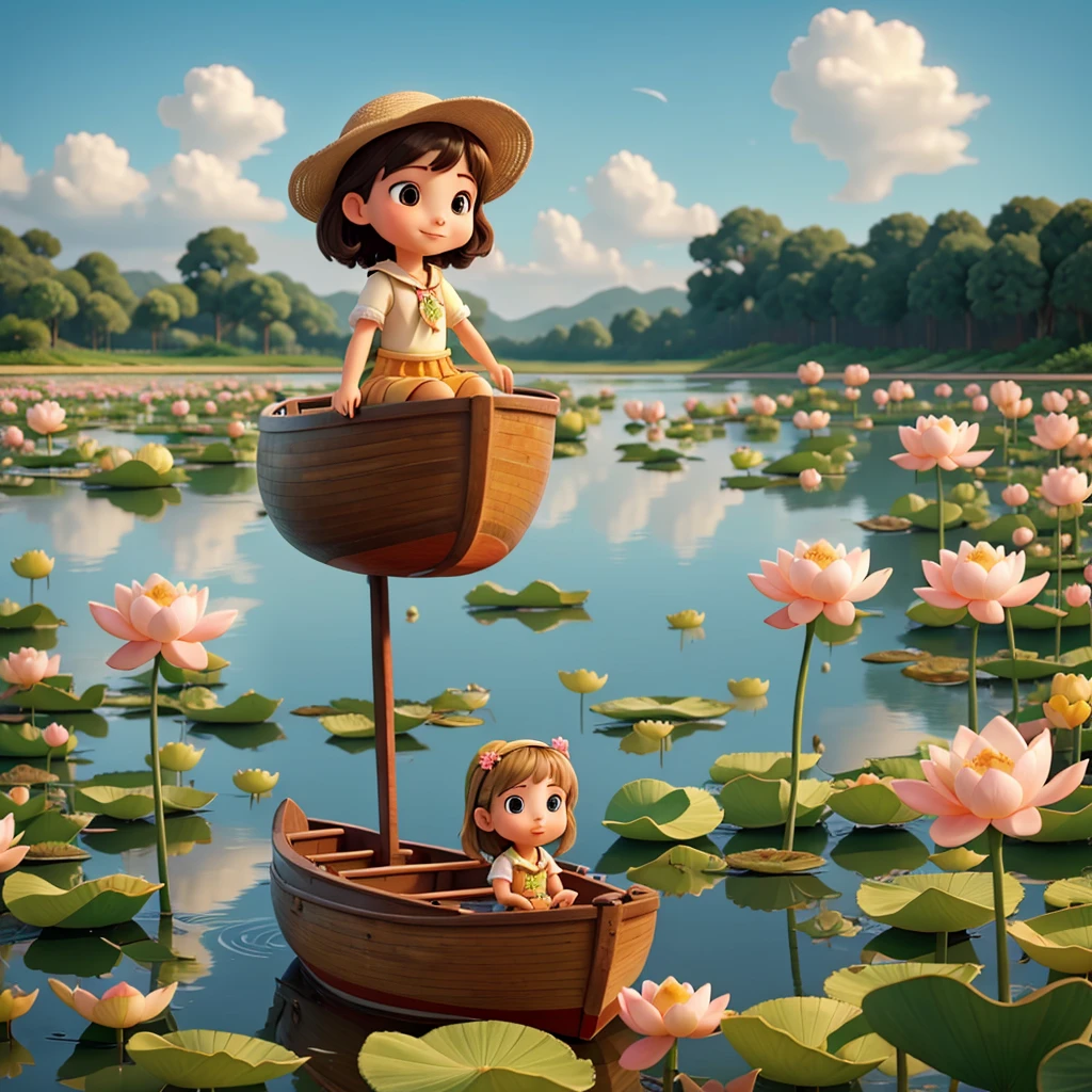 A girl sailing on boat on pond there are around beautiful lotus flowers with different colours
