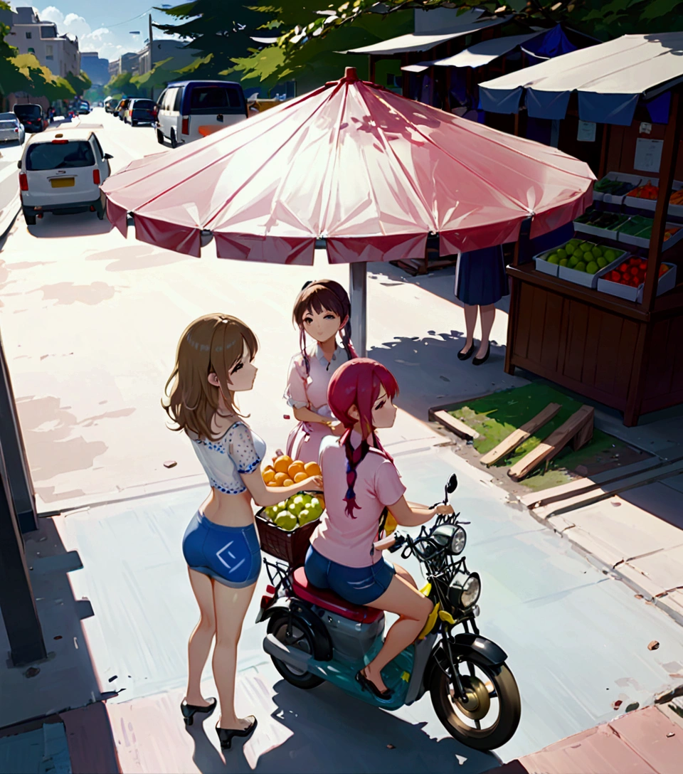 a realistic anime portrait of office women, she is buying fruit at kiosk, day light scenery, full body detailed portrait, extremely detailed facial features, high quality, masterpiece, best quality, beautiful glowing skin, delicate facial features, elegant hairstyles, detailed clothing, realistic lighting and shadows, warm color palette, soft ambient lighting