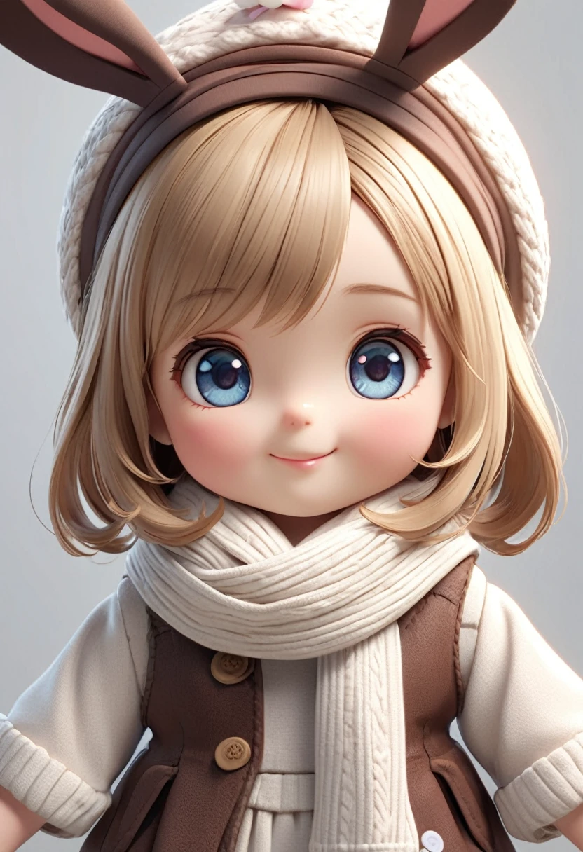 
          Q version cute little girl doll wearing bunny ears hat and scarf. Elegant smile. Cute 3D cartoon style. Accurate ???????. Extremely detailed texture. Cartoon character. Clear and detailed animation. High quality cartoon character. High quality realistic.
           