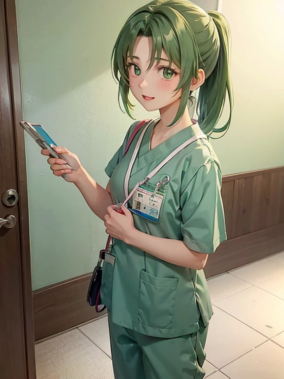 girl, alone, Mion Sonozaki, green eyes, ponytail,, ponytail, 医療用scrub、scrub、Female nurse、Hold in hand、Short sleeve、Long trousers, (ID card)、strap、Hospital corridor、Warm lighting、sense of cleanliness