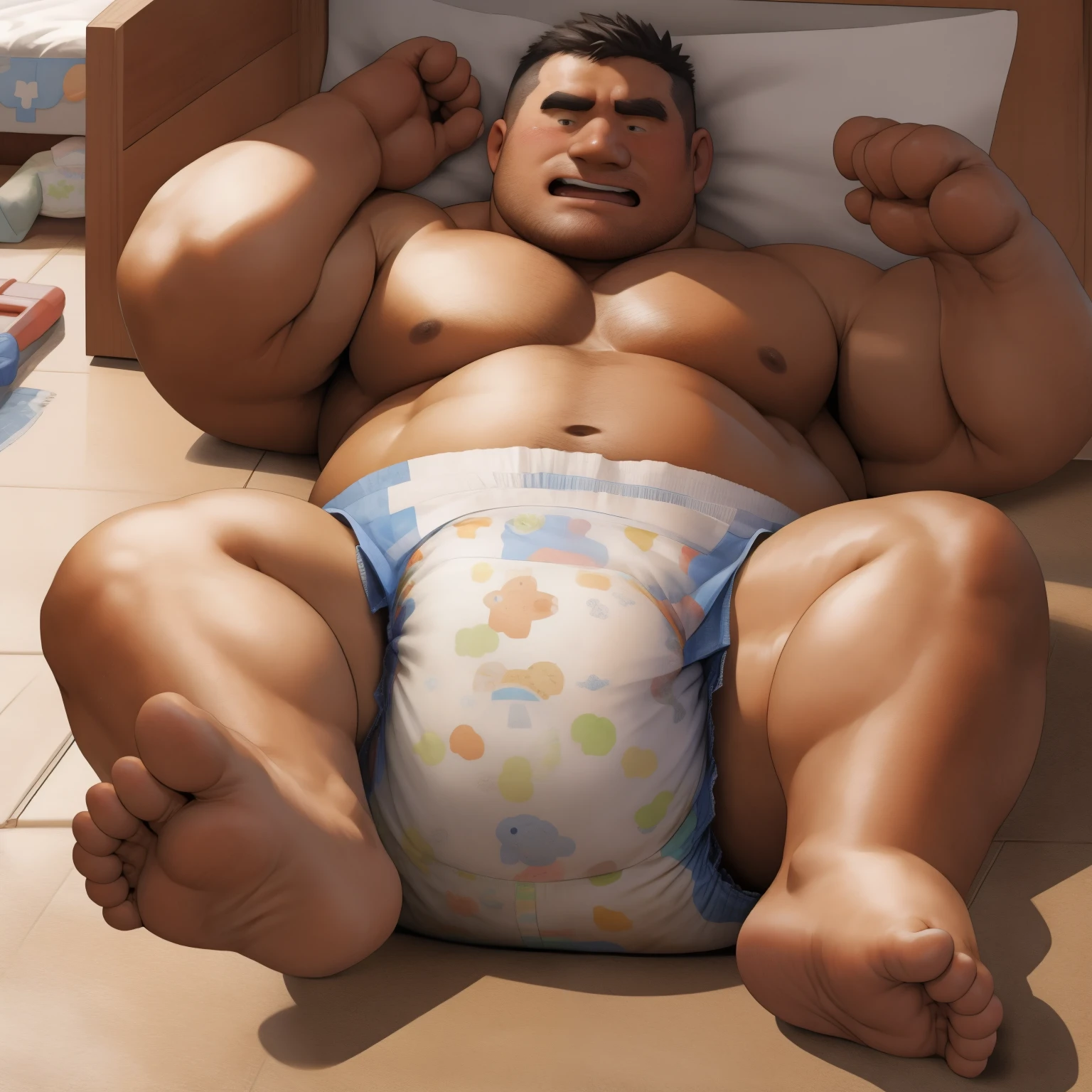 masterpiece, Top quality, in 32K, perfect anatomy, hyper detailed, photo realistic, super fine illustration, The thick man is a brutal prisoner, asian, retarded, human, 50yo in japan, Fatty muscle, (fatness:1.2), Bowleg, disappointment, incontinent, Diaper Open, shy, sobbing, weak, sissy, Round face, be diaper check by children, There is a small puddle under him, Naked, short legs, Bowleg, spread and lifting legs, wear a White cloth Diaper, White Diaper without pattern, Pampers, Bare belly, Bare legs, Bare foots, Bare soles, Shirtless, wide forehead and short thinning hair, round face with stubble, Bare foots, Bare soles, He enters nursery school and is despised by children, He is taken care of by the children at the nursery school, He surrounded by children in playpen, Bare foots, big butt, White Diaper, sobbing, There is a small puddle under him, sobbing, He is lying in baby crib in nursery, top view, open diaper, Diaper change