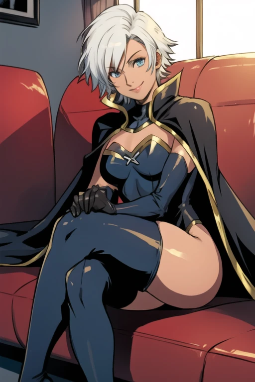 X men, 1girl, solo, cape, long cape, thigh highs, gloves, Ororo, bodysuit, strapless, white hair, short hair, sitting, couches , smile