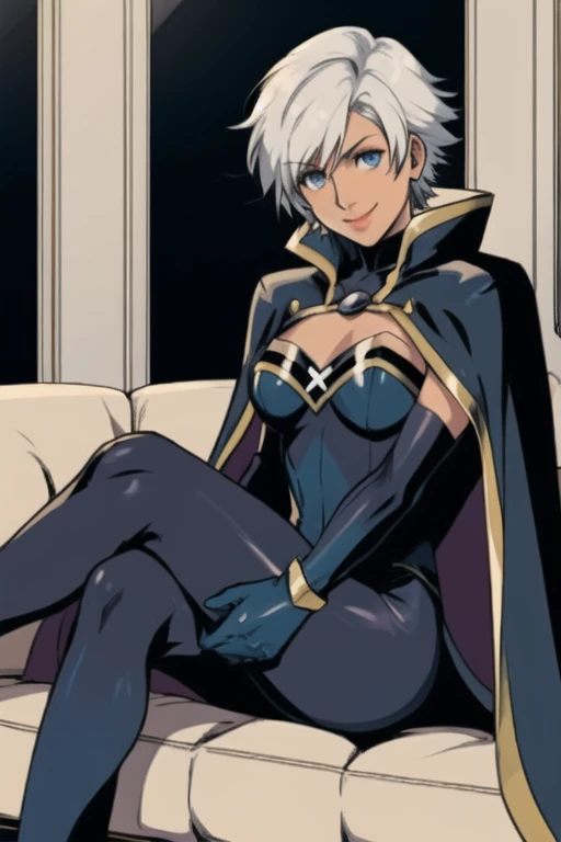 X men, 1girl, solo, cape, long cape, thigh highs, gloves, Ororo, bodysuit, strapless, white hair, short hair, sitting, couches , smile