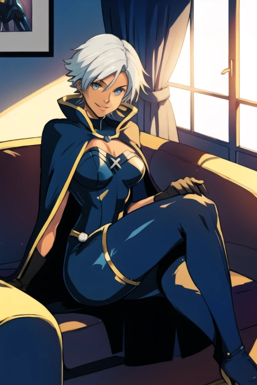 X men, 1girl, solo, cape, long cape, thigh highs, gloves, Ororo, bodysuit, strapless, white hair, short hair, sitting, couches , smile