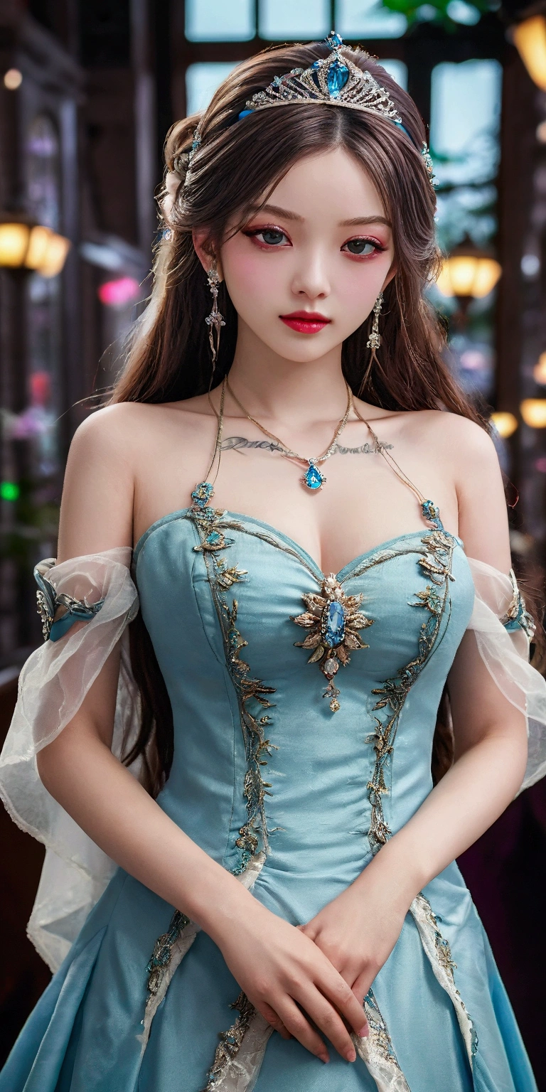 4K, UHD, masterpeice, 1 girl, good face, happy face, ((white skin)), detailed eyes, detailed lipstick, very long hair, straight hair, very long hair, beautiful hair, hair ornaments, hairband, gradient hair, ((magenta stocking)), ((princess clothing)), ((decorated clothing)), ((sardine)), ((sparkle clothing)), ((magenta lace)), ((diamond bracelet)), ((pendant)), ornaments, necklace, earring, high lighting, ((in the wedding stage)), fujicolor, depth of field, ray tracing, ultra realistic detailes,
