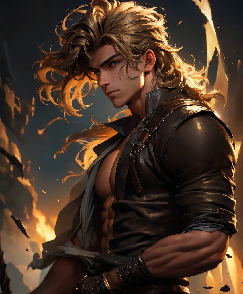 masterpiece, best quality, high resolution, closeup portrait, a male, dark fantasy art, fantasy, handsome and sexy male adventurer, beautiful figure painting, bright light, amazing composition, front view, HDR, volumetric lighting, ultra quality, elegant, highly detailed, ready for a fight. Handsome.  Sexy.  Rowdy.  Leather attire.  Dark and eerie background.  Long blond hair.  Ideal male physique.  Sexy stare.