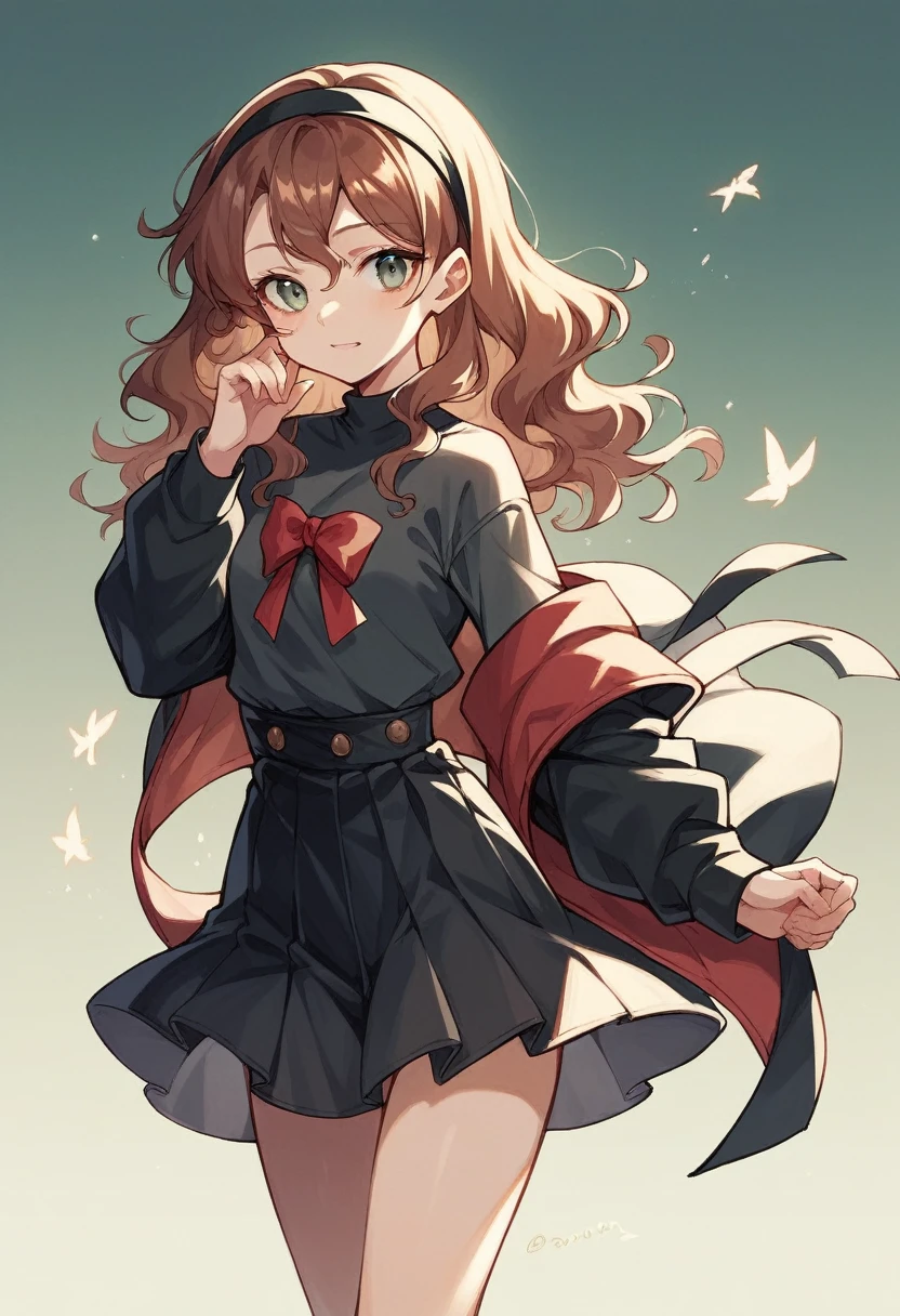 Pretty European ager, wavy hair, 20 year old short skirt and headband, black outfit