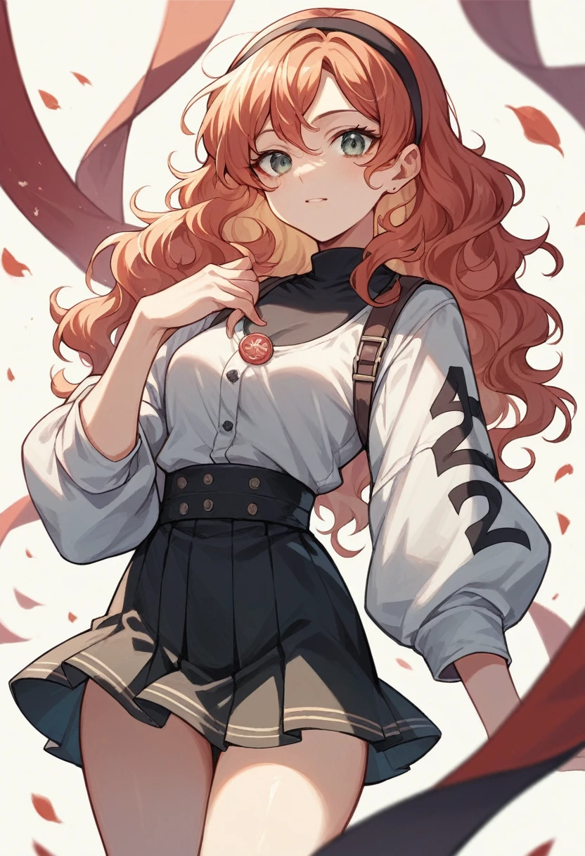 Pretty European teenager, wavy hair, 20 year old short skirt and headband, black outfit