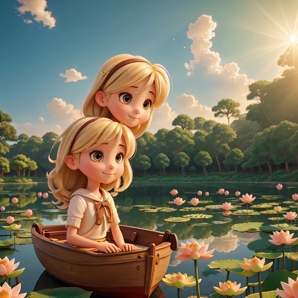 A girl sailing on boat on pond there are around beautiful lotus flowers with different colours  a light rays falling on her face