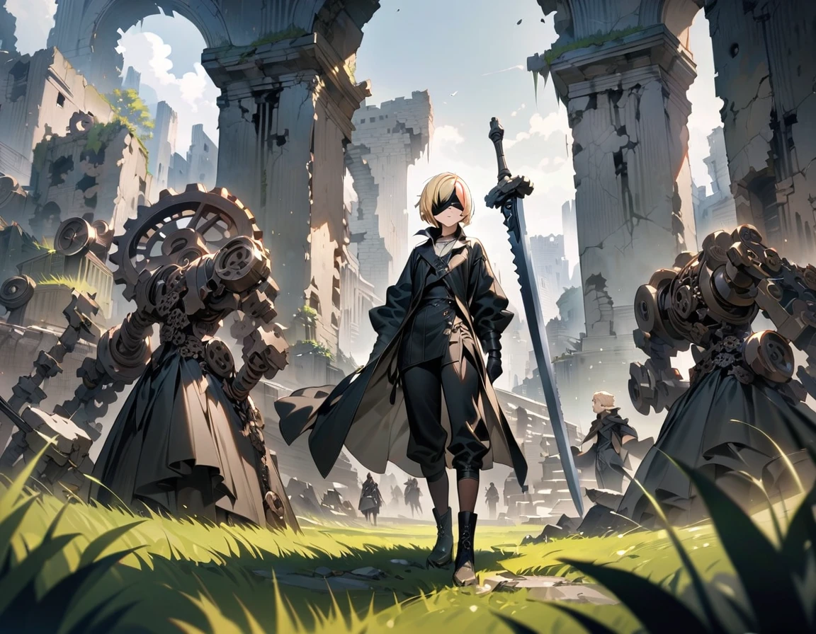 (((masterpiece,Highest quality))),(((Short-haired anime androgynous male in a gothic black outfit))),((Androgynous but male)),(((red and blonde streaked hair,highlights hair))),((Wearing a black cloth blindfold)),((He has a mechanical sword with many gears.,Carries a mechanical spear with many gears on its back)),(((Standing in the grassland of the ruins of a lost civilization))),((Nier Automata style)),alone,Focus on people,(high quality),アニメ