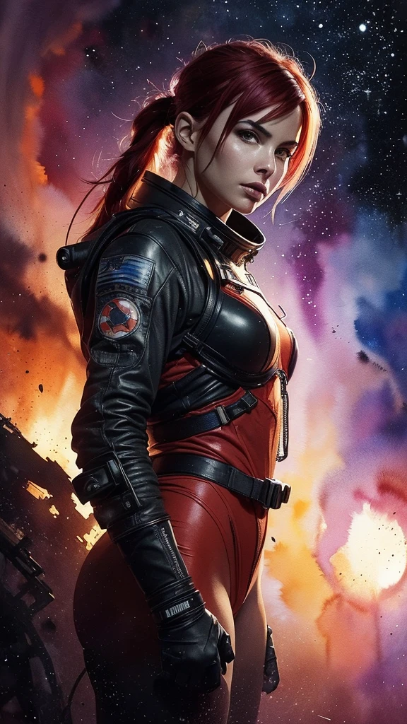 (masterpiece, top quality, best quality, extreme detailed, highest detailed, official art, beautiful and aesthetic:1.2), colorful, beautiful face, solo, perfect body, (1girl 25 years old with short red hair tied in a ponytail:1.1), in space, spacesuit, bust portrait, half-length portrait, looking at the viewer, looking at the camera, sun rays, indoors, (wires and cables:1.1), (science fiction:1.2), porthole, illuminator, stars,fantasy, high contrast, ink strokes, explosions, over exposure, purple and red tone impression , abstract, ((watercolor painting by John Berkey and Jeremy Mann )) brush strokes, negative space,