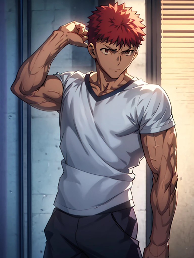 Emiya Shirou is flexing his biceps while his t-shirt is pullup. muscular, indoor, male focus