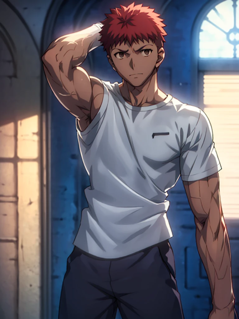 Emiya Shirou is flexing his biceps while his t-shirt is pullup. muscular, indoor, male focus