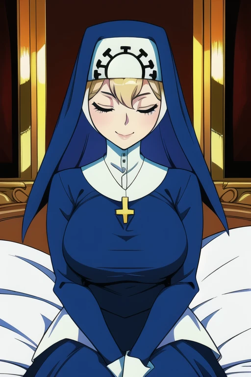 Double, short blonde hair, medium breasts, solo, 1girl, smiling, cowboy shot, closed eyes,
blue habit, cross necklace ,white gloves, long sleeves, nun, long skirt
(insanely detailed, beautiful detailed face,beautiful detailed eyes, masterpiece, best quality) room, sitting, bedroom, sexy pose, bed,