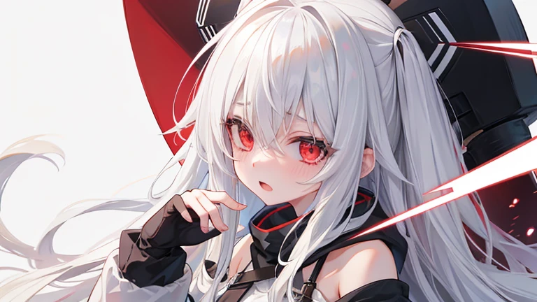 1girl,long white hair,Red eyes,embarrassed,crazy