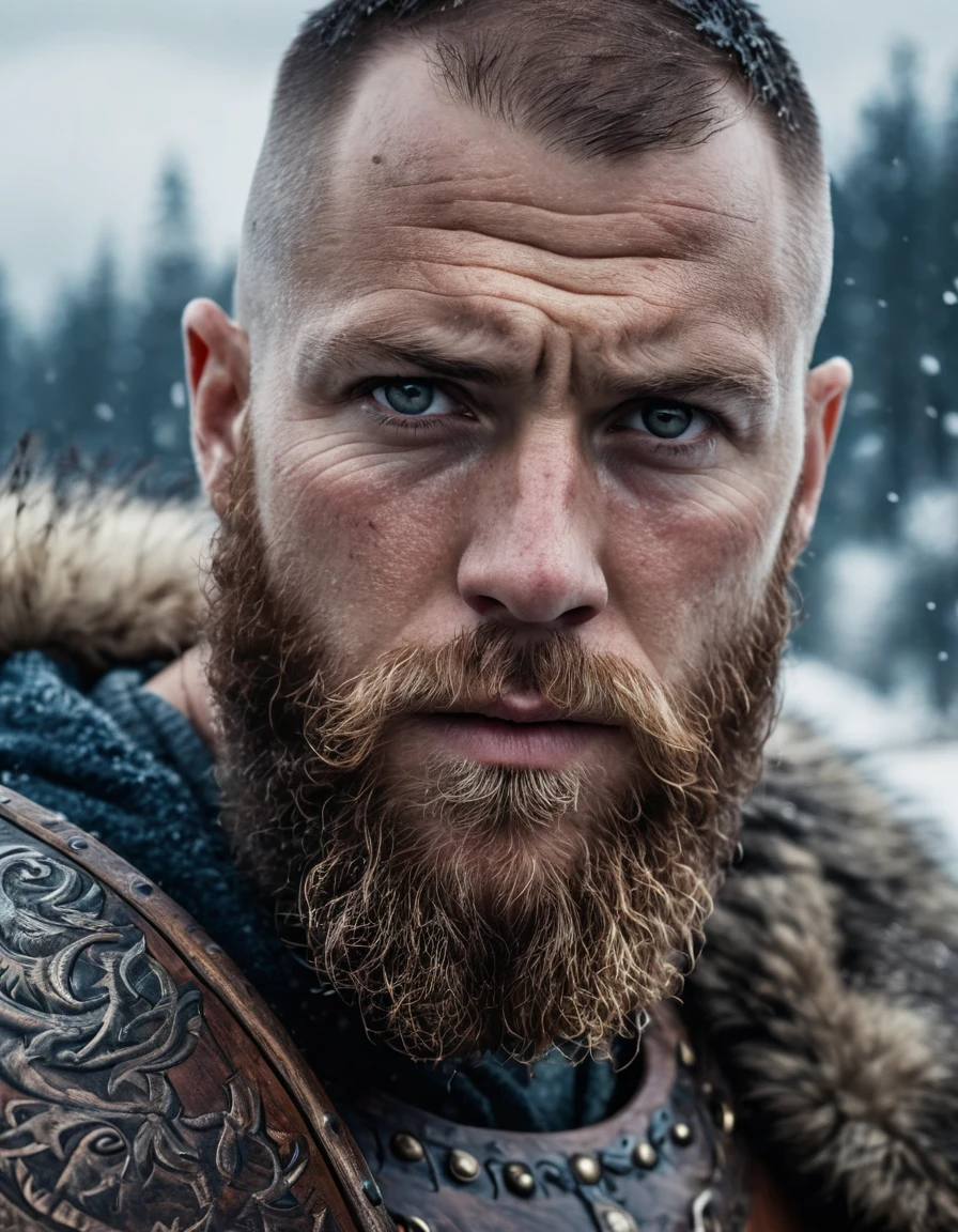 realistic cinematic image of a Viking Warrior named Alexander Bjørnson, Swedish, 40yo, completely bald, shaved hair, long scruffy beard emphasize his confident expression, while a scar on his face tells a story of battles fought. The scene is bathed in winter weather creating a moody and intense atmosphere, intricate details, highly detailed, 4k, astonishing, impressive, epic, cinematic, RAW, professional photo composition, photorealistic, bloom, diffused light, depth of field background, well balanced tones, cinematic LUT
