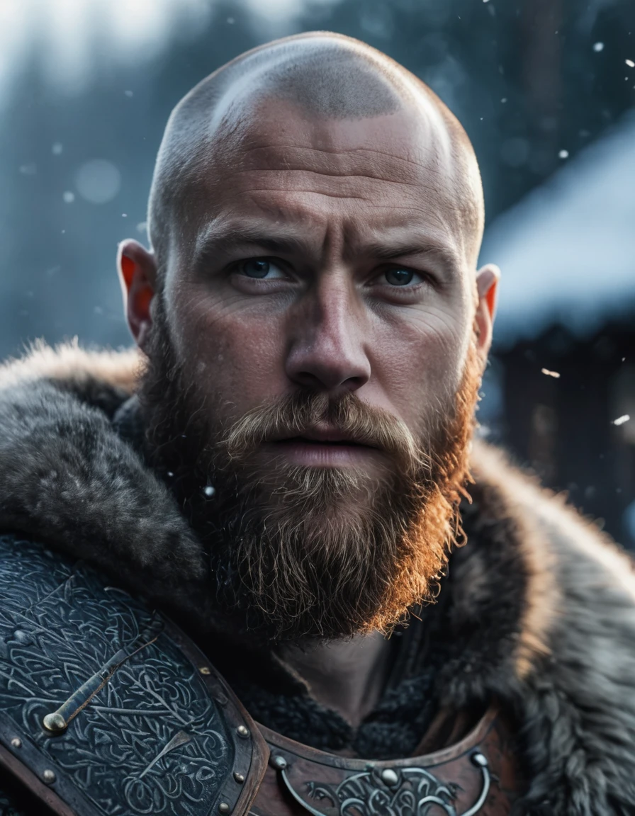 realistic cinematic image of a Viking Warrior named Alexander Bjørnson, Swedish, 40yo, completely bald, shaved hair, long scruffy beard emphasize his confident expression, while a scar on his face tells a story of battles fought. The scene is bathed in winter weather creating a moody and intense atmosphere, intricate details, highly detailed, 4k, astonishing, impressive, epic, cinematic, RAW, professional photo composition, photorealistic, bloom, diffused light, depth of field background, well balanced tones, cinematic LUT