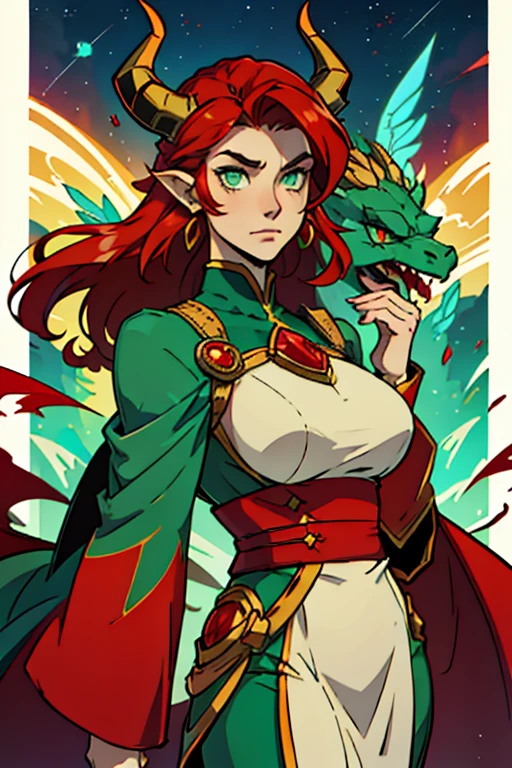 guardian dragon woman who controls stars, clothes with lots of fabric with green eyes, red horns and his big red hair with moths in his hair