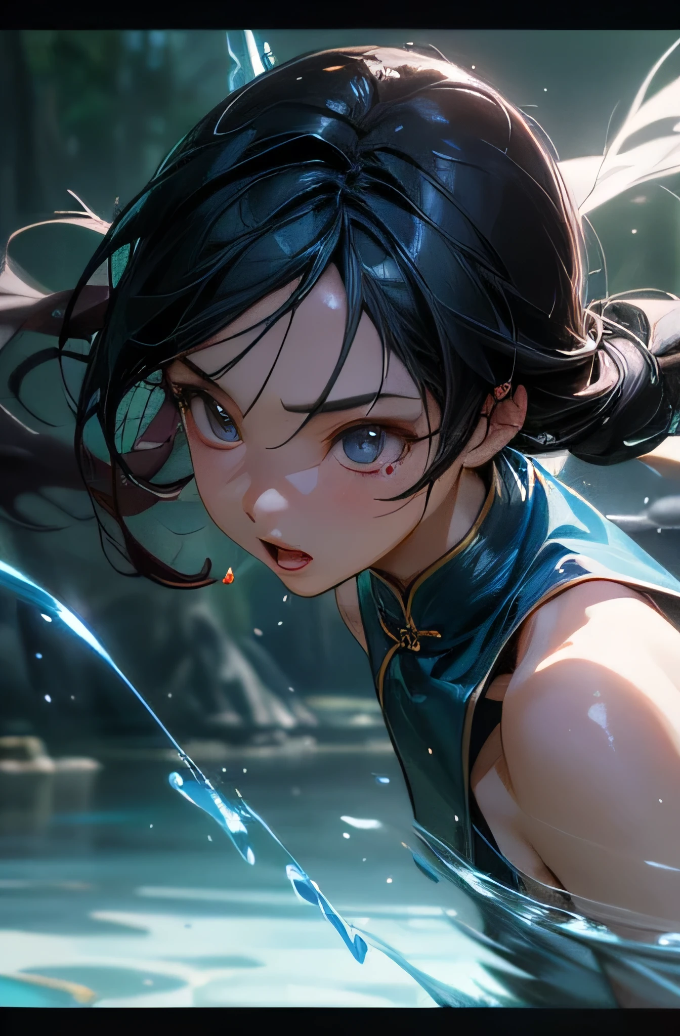 Epic water bending shot, in front, Award Winning Photographs, Wuxia, A beautiful Chinese women extreme close - up focus on face, in the style of photorealistic eye, in the style of hyper realistic illustration, super ultra detail, movie screen shot Unreal Engine, Zbrush3D artVray Glow Particular Post Effect Optical Flares ,style expressive

