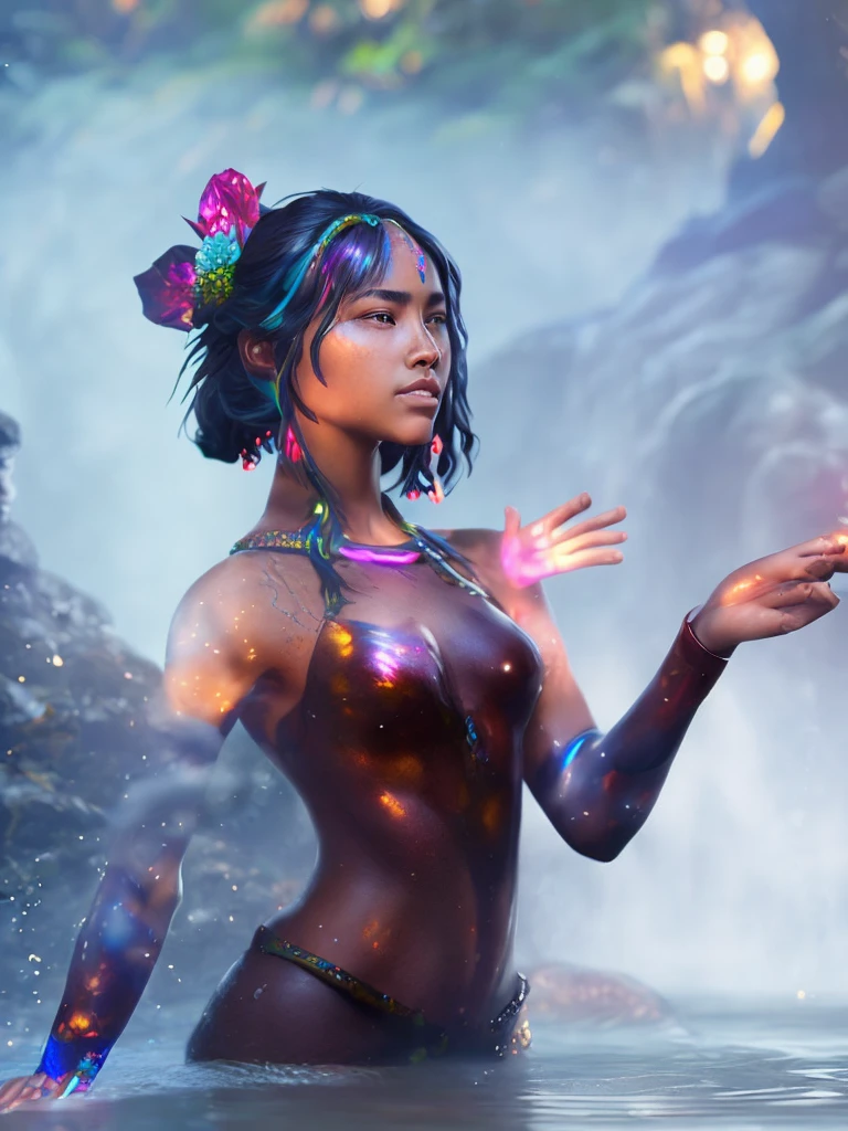 maozonia indigenous girl, 18 years old, bathing in a river, in the middle of the forest, a jaguar watching from afar, sad, Clockpunk, Gamercore, street level view, Blender rendering, 100mm, Sculpture, iridescent colors, Medicalcore, strobe lighting, ultra realistic, photorealistic, octane render, unreal engine, hyper detailed, volumetric lighting, hdr, octane render, fantasy 4k 8K
