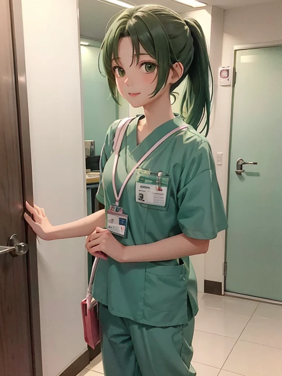 girl, alone, Mion Sonozaki, green eyes, ponytail,, ponytail, 医療用scrub、scrub、Female nurse、Hold in hand、Short sleeve、Long trousers, (ID card)、strap、Hospital corridor、Warm lighting、sense of cleanliness