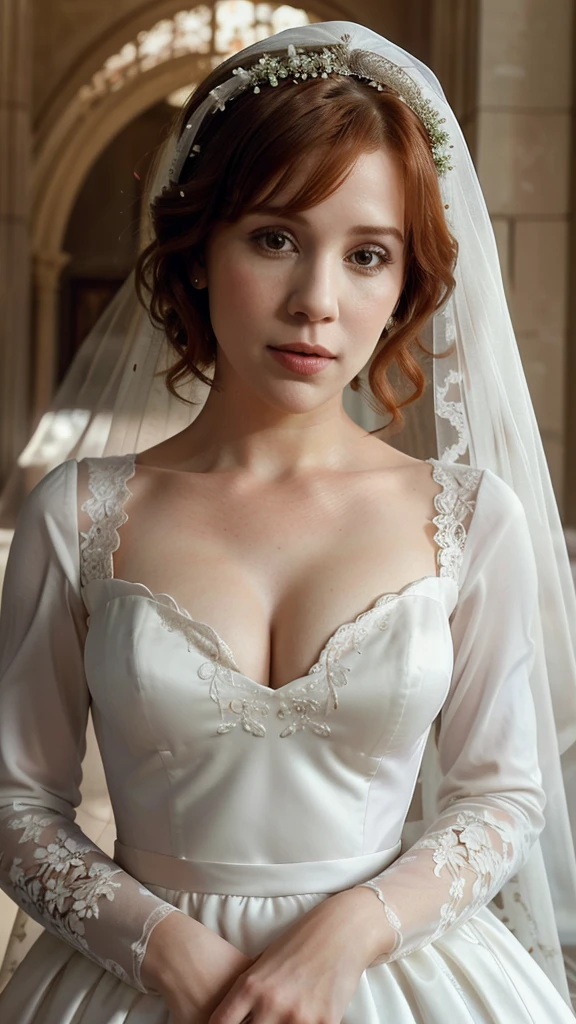Molly ringwald, wearing a long sleeved lace wedding dress, veil, flowers in hair wearing white, wearing a magnificent dress, elegent, 4k, hd, detailed, perfect anatomy, perfect hands, perfect face, (masterpiece), best quality, expressive eyes, perfect face, (masterpiece, high quality, best quality:1.3)