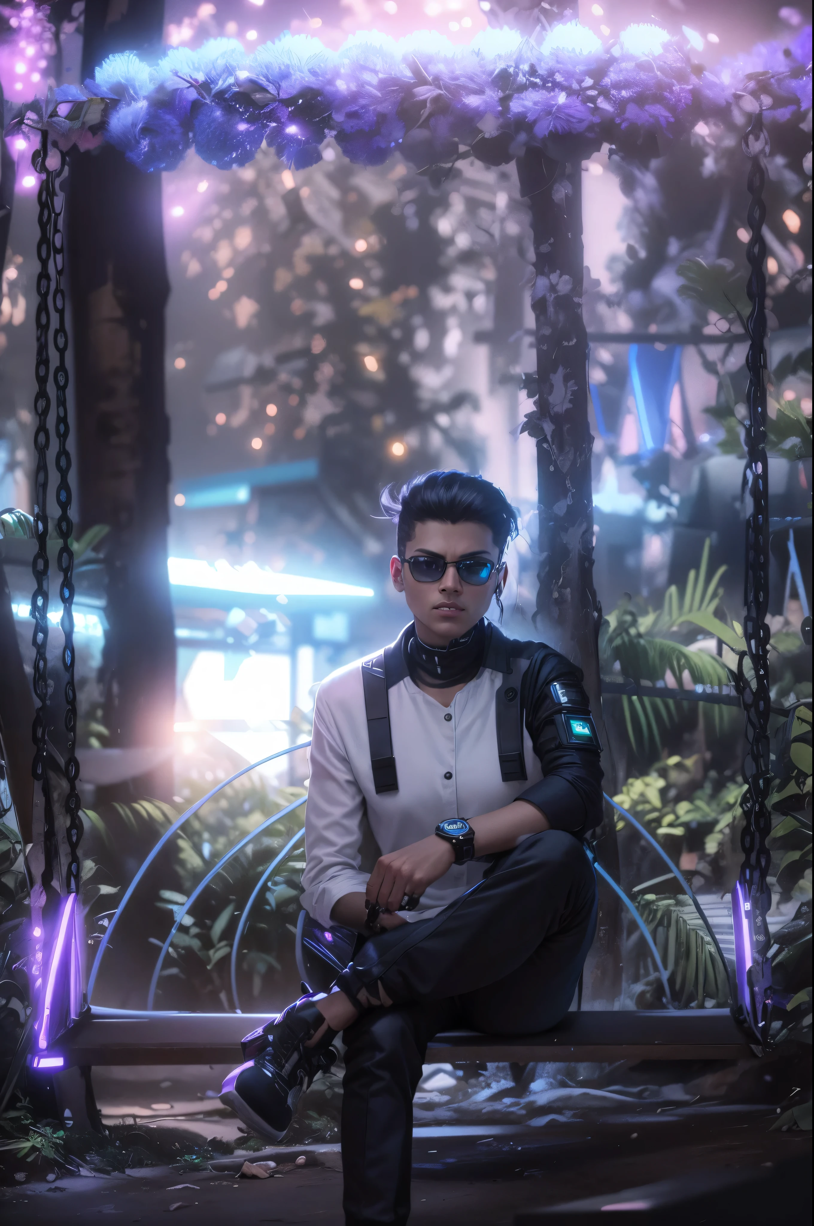 Change background cyberpunk , realistic 8k , futuristic look , wearing watch, technologist