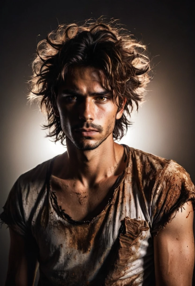 Vivid, high-contrast horror cowboy shot of a oVivid, high-contrast horror portrait of a guy, male, ((brown eyes)), with ((messy hair)), wearing a loose t-shirt under a dramatic, gritty lighting, careless, under a dramatic, gritty lighting, white background