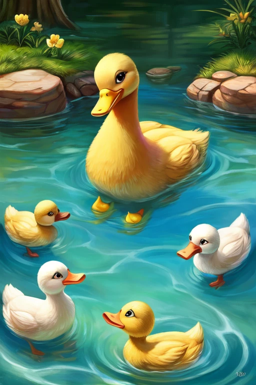 ((best qualityer)), ((a female paw)), (detailded), 5 small ducks, playing in the water