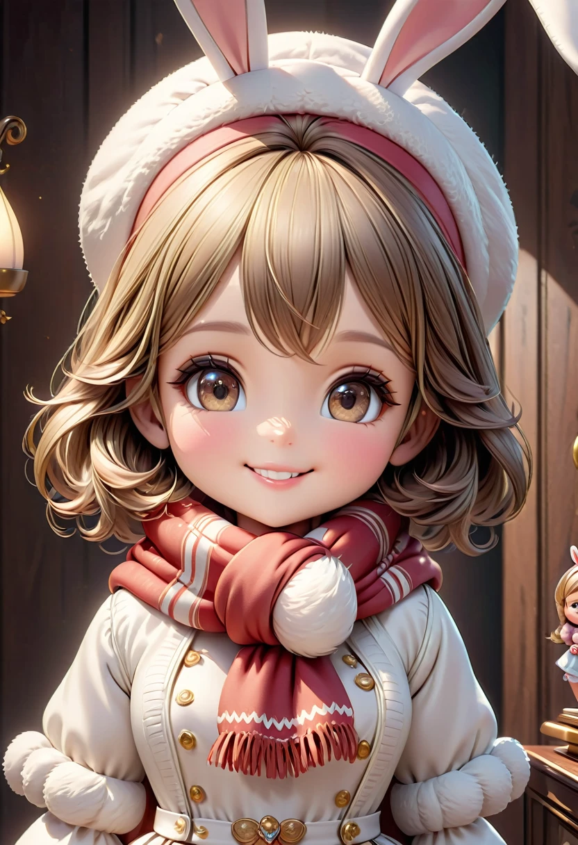 Q version cute little girl doll wearing bunny ears hat and scarf. Elegant smile. Cute 3D cartoon style. Accurate anatomy. Extremely detailed texture. Cartoon character. Clear and detailed animation. High quality cartoon character. High quality realistic.