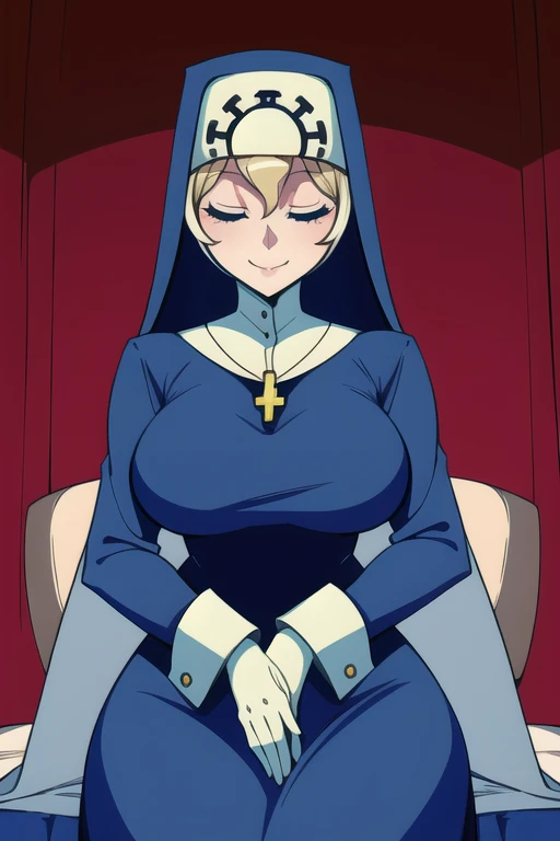Double, short blonde hair, medium breasts, solo, 1girl, smiling, cowboy shot, closed eyes,
blue habit, cross necklace ,white gloves, long sleeves, nun, long skirt
(insanely detailed, beautiful detailed face,beautiful detailed eyes, masterpiece, best quality) room, sitting, bedroom, sexy pose, hips