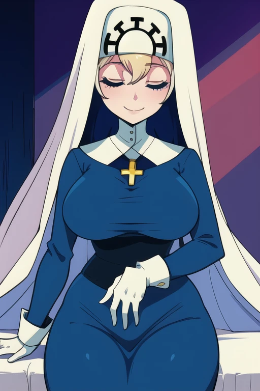 Double, short blonde hair, medium breasts, solo, 1girl, smiling, cowboy shot, closed eyes,
blue habit, cross necklace ,white gloves, long sleeves, nun, long skirt
(insanely detailed, beautiful detailed face,beautiful detailed eyes, masterpiece, best quality) room, sitting, bedroom, sexy pose, hips