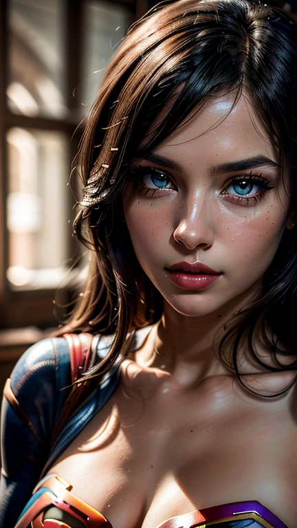 Best Quality,4k,8k,High resolution,masterpiece:1.2),ultra detailed,(realist,photorealist,photo-realist:1.37),portrait, carly ,beautiful detailed eyes,beautiful detailed lips,extremely detailed face,long eyelashes, sexy,Soft lighting,subtle background,Professional photography,vivid colors Whole body , by a fan, Flushed face () Whole body (seductive) (Ready for sex) (biting your lips) (Supergirl outfit) (long black hair),sexy