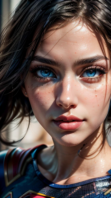 Best Quality,4k,8k,High resolution,masterpiece:1.2),ultra detailed,(realist,photorealist,photo-realist:1.37),portrait, carly ,beautiful detailed eyes,beautiful detailed lips,extremely detailed face,long eyelashes, sexy,Soft lighting,subtle background,Professional photography,vivid colors Whole body , by a fan, Flushed face () Whole body (seductive) (Ready for sex) (biting your lips) (Supergirl outfit) (long black hair),sexy
