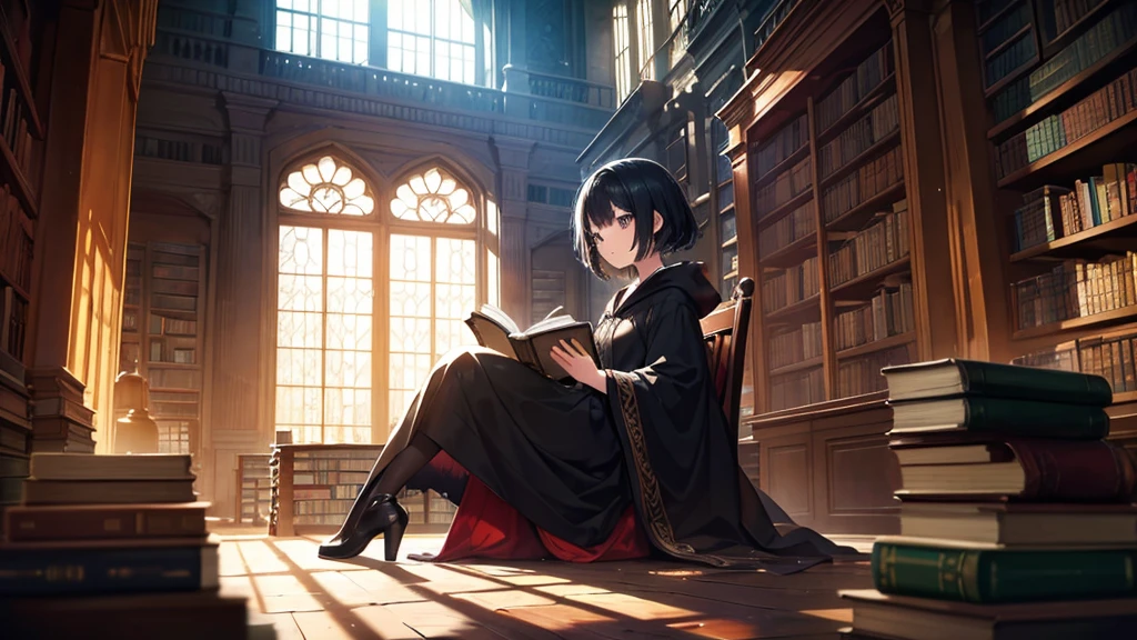 A very detailed, cartoon-like scene depicting a girl in a large library. The girl has short black hair and is robed. She is reaching for a book. At her feet sits a curious cat, staring at her. The library is filled with old books stored in large bookshelves, and warm sunlight shines through the large windows, casting a mysterious glow. The background is finely painted and focused on the witch's concentrated expression. The cat is the protagonist ...