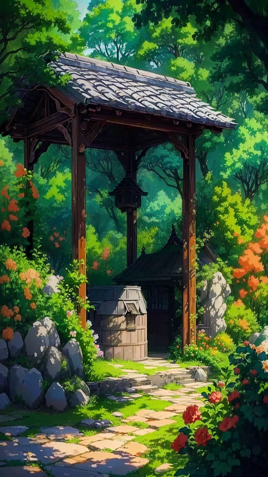 a painting of a gazebo surrounded by flowers and trees, anime background art, anime nature wallpap, anime scenery, beautiful anime scenery, background art, beautiful anime scene, anime beautiful peace scene, anime nature, anime countryside landscape, anime background, beautiful detailed scene, studio ghibli environment, ghibli studio style, anime scenery concept art, scenery artwork, detailed scenery